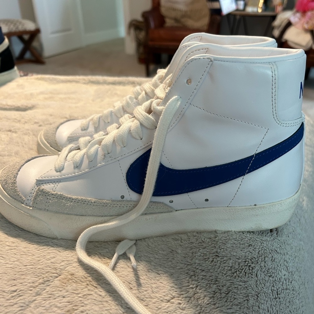 White and Blue Blazers High-Top Sneakers